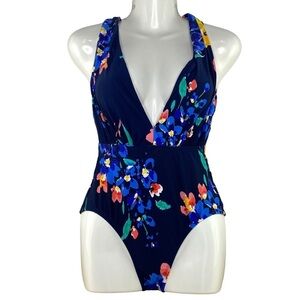 Sea Angel plunging v front navy floral one-piece swim suit, XS